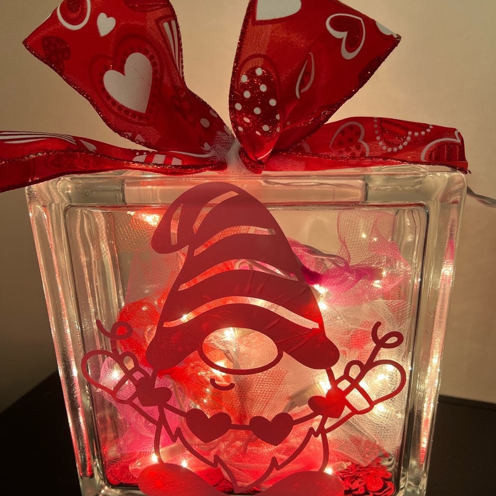 Decorated Valentines Day gnome glass lighted block